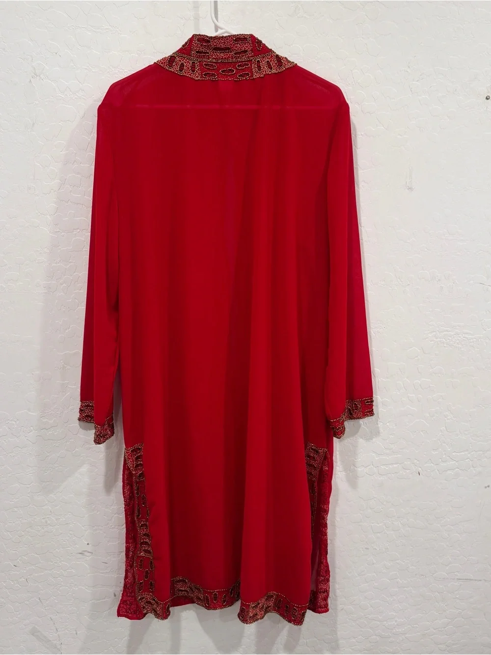 Midnight Velvet Red Beaded Trim Duster Cardigan Womens 1X Sheer Maximalist Boho